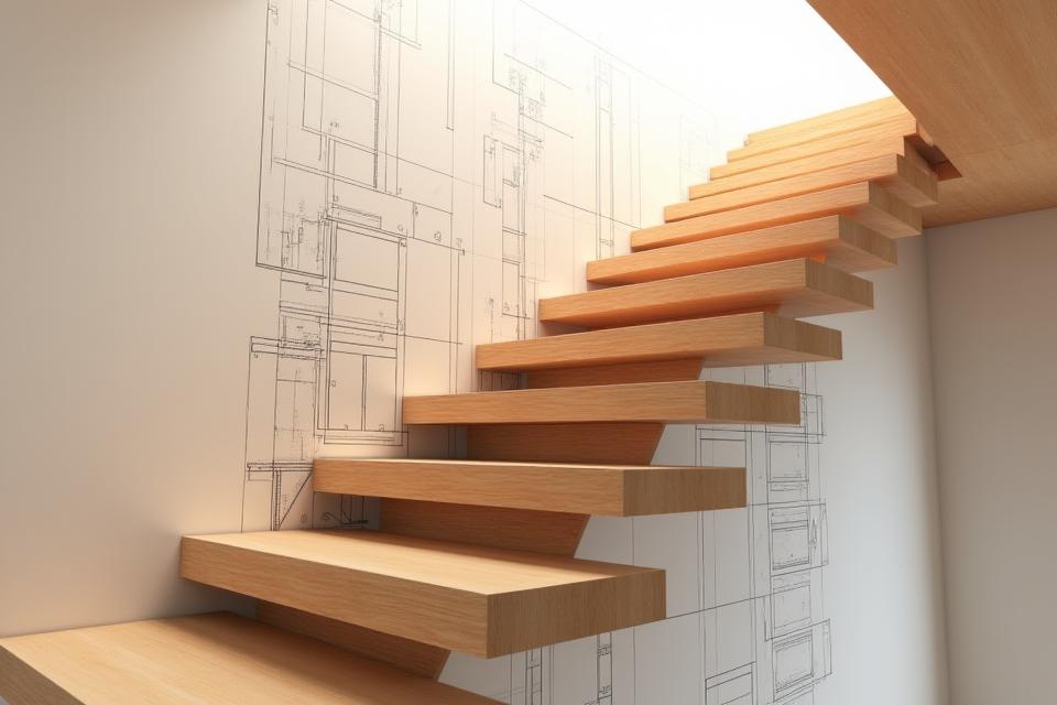 Detailed engineering diagram overlay on a floating wooden stair showing hidden steel supports and anchors
