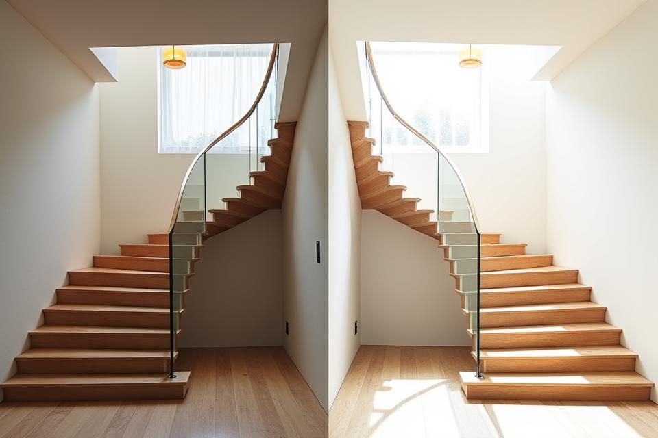 Split image showing a cluttered traditional stairway on one side and a sleek, open floating staircase on the other, demonstrating space optimization